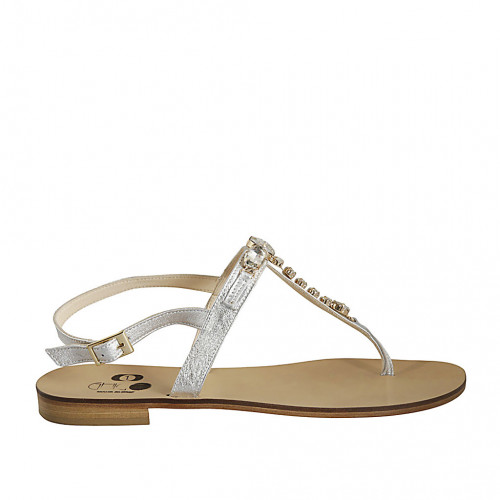 Sandalias de dedo en piel plateada con piedras para mujer tacon 2