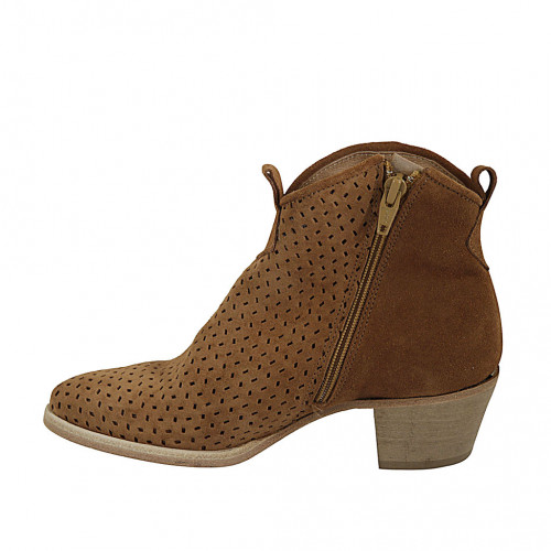 Botines tejanos para mujer con cremallera en gamuza y gamuza perforada brun  claro tacon 5