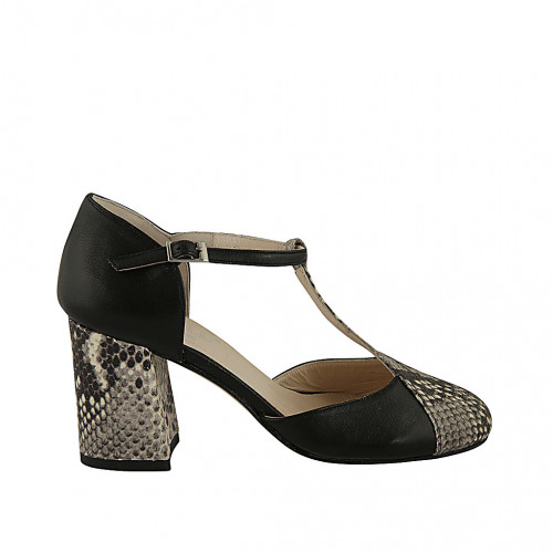 Chaussure ouverte pour femmes en cuir noir et imprimé noir et beige avec courroie salomé talon 7 - Pointures disponibles:  42, 43