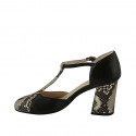 Woman's open T-strap shoe in black leather and black and beige printed leather heel 7 - Available sizes:  42, 43