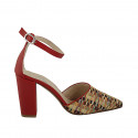 Woman's pointy open shoe with strap in red leather and braided multicolored fabric heel 9 - Available sizes:  42