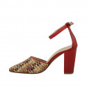 Chaussure ouverte à bout pointu pour femmes avec courroie en cuir rouge et tissu tressé multicouleur talon 9 - Pointures disponibles:  42