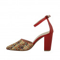 Woman's pointy open shoe with strap in red leather and braided multicolored fabric heel 9 - Available sizes:  42