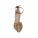 Woman's pointy open shoe with strap in red leather and braided multicolored fabric heel 9 - Available sizes:  42