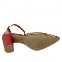 Woman's pointy open shoe with strap in red leather and braided multicolored fabric heel 9 - Available sizes:  42