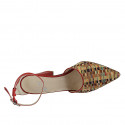 Woman's pointy open shoe with strap in red leather and braided multicolored fabric heel 9 - Available sizes:  42