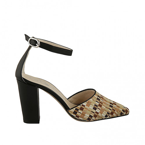 Woman's pointy open shoe with strap in black leather and braided multicolored fabric heel 9 - Available sizes:  42, 43