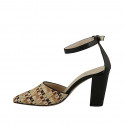 Woman's pointy open shoe with strap in black leather and braided multicolored fabric heel 9 - Available sizes:  42, 43