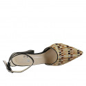 Woman's pointy open shoe with strap in black leather and braided multicolored fabric heel 9 - Available sizes:  42, 43