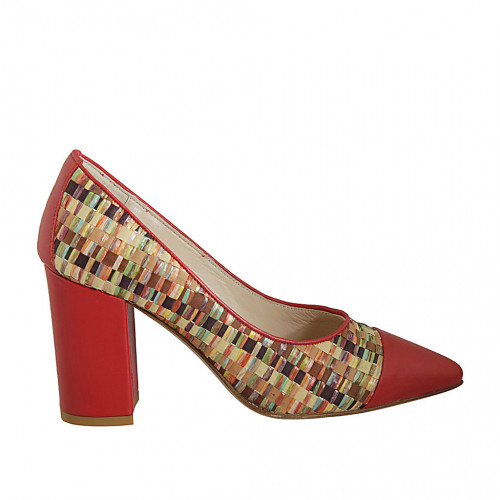 Woman's pointy pump shoe in red leather and braided multicolored fabric heel 8 - Available sizes:  42