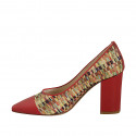 Woman's pointy pump shoe in red leather and braided multicolored fabric heel 8 - Available sizes:  42