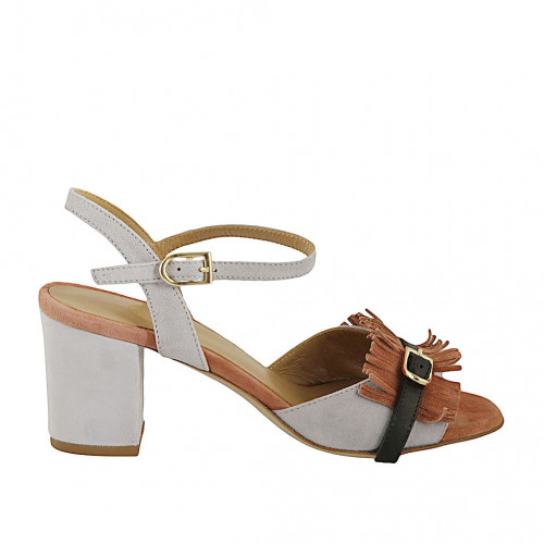 Sandale pour femmes avec courroie, boucle et franges en daim gris et rose et cuir noir talon 6 - Pointures disponibles:  45