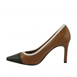 Decolté a punta da donna in pelle color cuoio, nera e bianca tacco 8 - Misure disponibili: 31 2