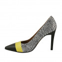Woman's pointy pump in black and white leather and yellow patent leather heel 9 - Available sizes:  31
