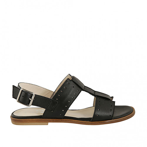 Sandale pour femmes en cuir noir perforé talon 1 - Pointures disponibles:  33