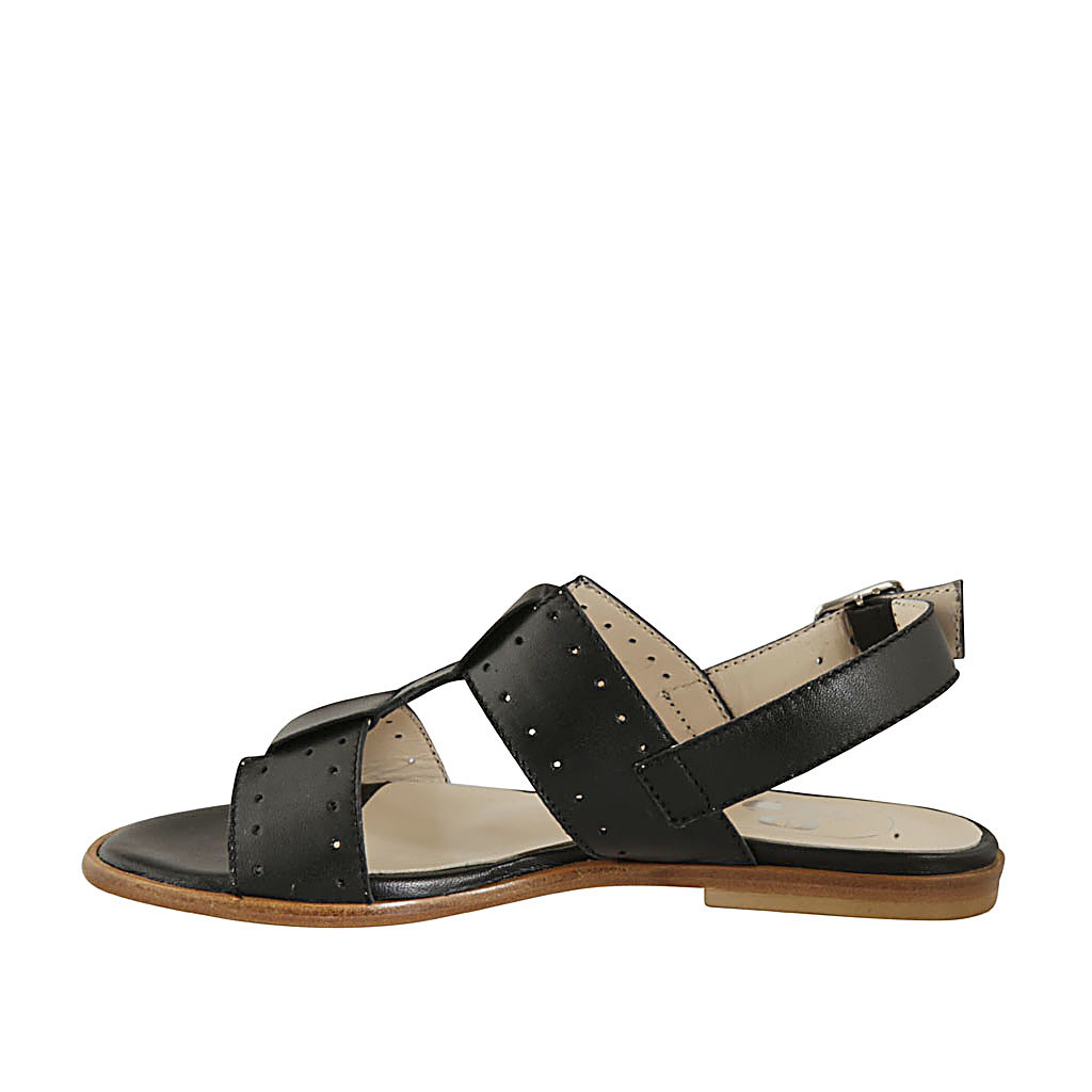 Woman's sandal in pierced black leather heel 1