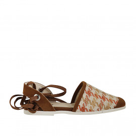 Woman's open shoe with laces in cognac brown suede and multicolored fabric heel 1 - Available sizes:  34, 43, 45