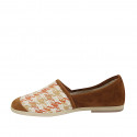 Woman's highfronted shoe in cognac brown suede and multicolored fabric heel 1 - Available sizes:  43