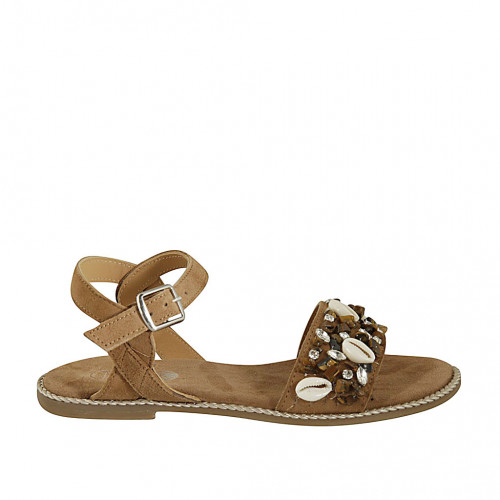 Woman's strap sandal with rhinestones and seashells in beige suede heel 1 - Available sizes:  33