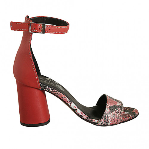 Scarpa aperta da donna con cinturino alla caviglia in pelle e pelle stampata rossa tacco 7 - Misure disponibili: 42