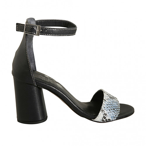 Chaussure ouverte pour femmes avec courroie en cuir bleu foncé et cuir imprimé bleu clair talon 7 - Pointures disponibles:  42