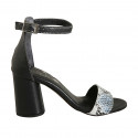 Zapato abierto para mujer con cinturon en piel azul oscuro y piel imprimida azul claro tacon 7 - Tallas disponibles:  42