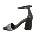 Woman's open shoe with strap in dark blue leather and light blue printed leather heel 7 - Available sizes:  42