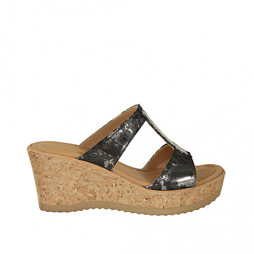 Woman's mules in silver laminated printed fabric with studs wedge heel 7 - Available sizes:  42, 43