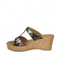 Woman's mules in silver laminated printed fabric with studs wedge heel 7 - Available sizes:  42, 43