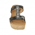 Woman's mules in silver laminated printed fabric with studs wedge heel 7 - Available sizes:  42, 43