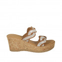 Woman's mules in tan brown suede and platinum laminated printed suede wedge heel 7 - Available sizes:  42