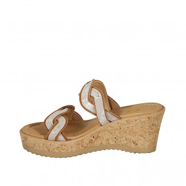 Woman's mules in cognac brown suede and platinum laminated printed suede wedge heel 7 - Available sizes:  42 2