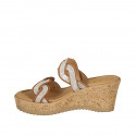 Woman's mules in tan brown suede and platinum laminated printed suede wedge heel 7 - Available sizes:  42