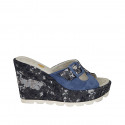 Woman's mules in cornflower blue and laminated blue and silver printed suede wedge heel 10 - Available sizes:  42