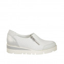 Woman's shoe with zippers in white pierced leather and silver leather and printed suede wedge heel 3 - Available sizes:  42