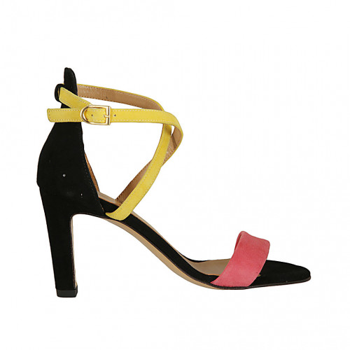 Zapato abierto para mujer con cinturon cruzado en gamuza negra, amarillo y rosa tacon 8 - Tallas disponibles:  42