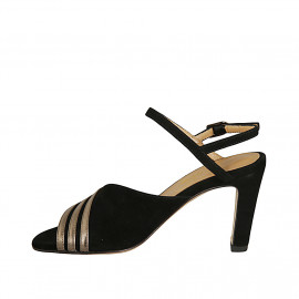 Woman's sandal in black suede, bronze laminated leather and transparent net heel 8 - Available sizes:  42, 45 2