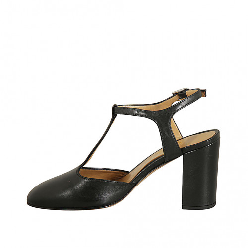 Damenslingbackpump mit T-Steg aus schwarzem Leder Absatz 8
