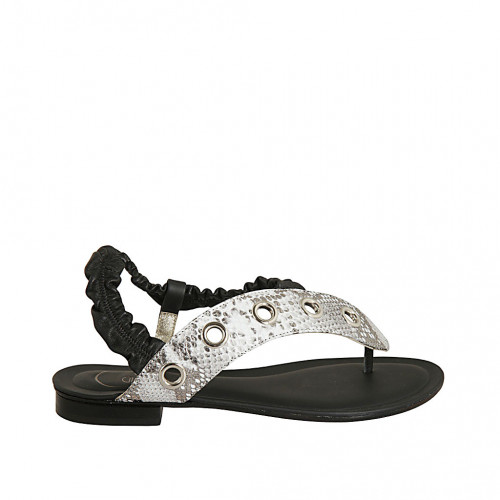 Woman's thong sandal with elastic band in black and black and white printed leather heel 2 - Available sizes:  33, 42