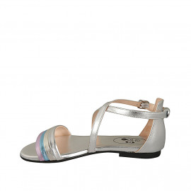 Woman's open shoe with strap in silver, platinum, light blue and pink laminated leather heel 1 - Available sizes:  33 2