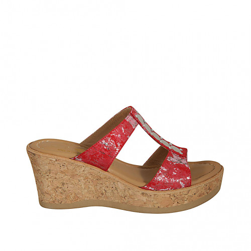 Woman's mules in red, rose and silver printed suede with studs wedge heel 7 - Available sizes:  42, 43