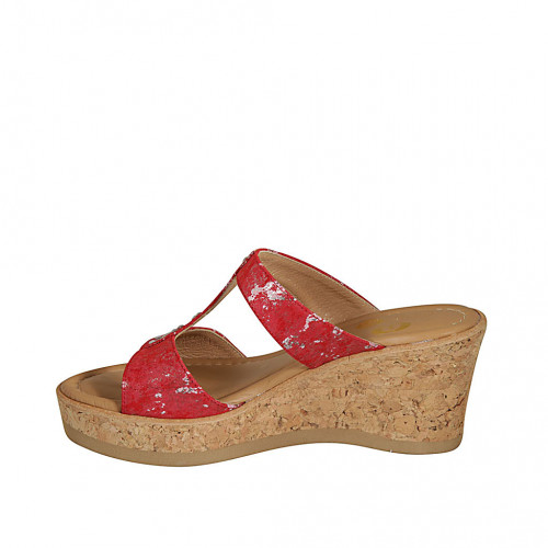 Zapato mule para mujer en gamuza imprimida roja, rosa y plateada cuña 7