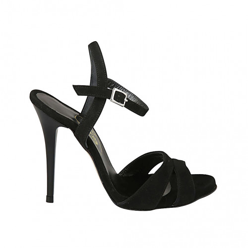 Sandale pour femmes avec courroie à la cheville en daim noir talon 11 - Pointures disponibles:  31