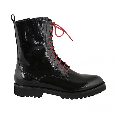 Stivaletto da donna con cerniera e stringhe rosse in vernice nera tacco 3