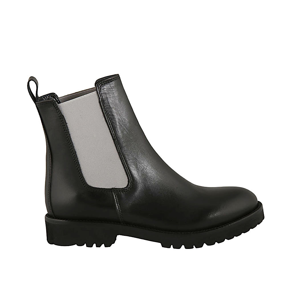 Botines para mujer con elasticos grises en piel negra tacon 3