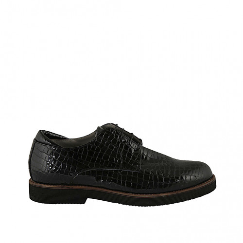 Zapato derby con cordones para mujer en charol imprimido negro tacon 3 - Tallas disponibles:  44