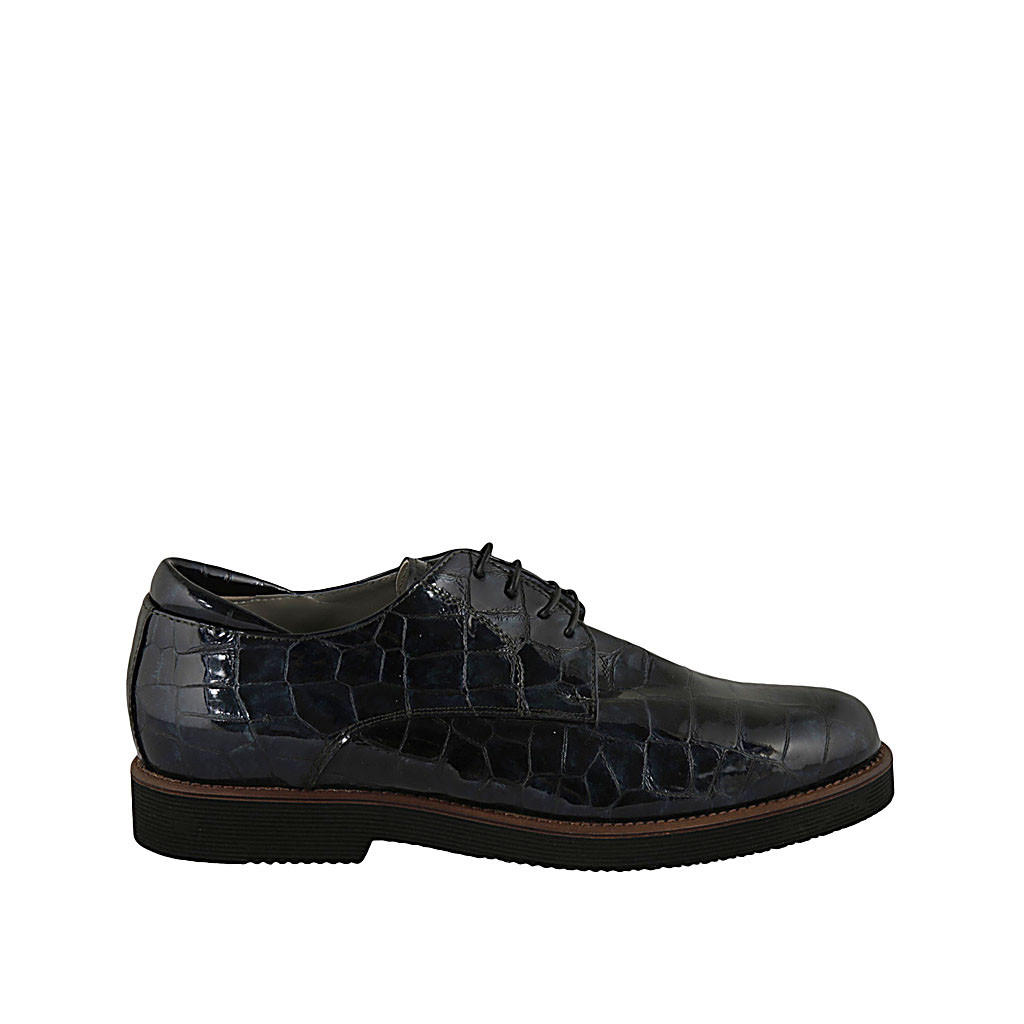 Zapato derby con cordones para mujer en charol imprimido azul petróleo tacon  3