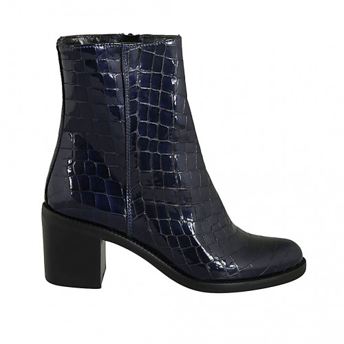Botines para mujer con cremallera en charol estampado azul tacon 6