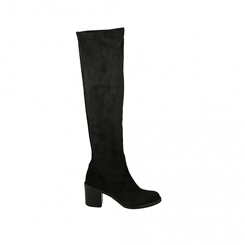 Botas altas para mujer en gamuza y material elastico negro con tacon 7