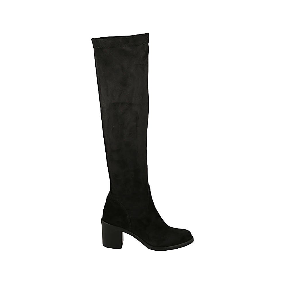 Botas altas para mujer en gamuza y material elastico negro con tacon 7